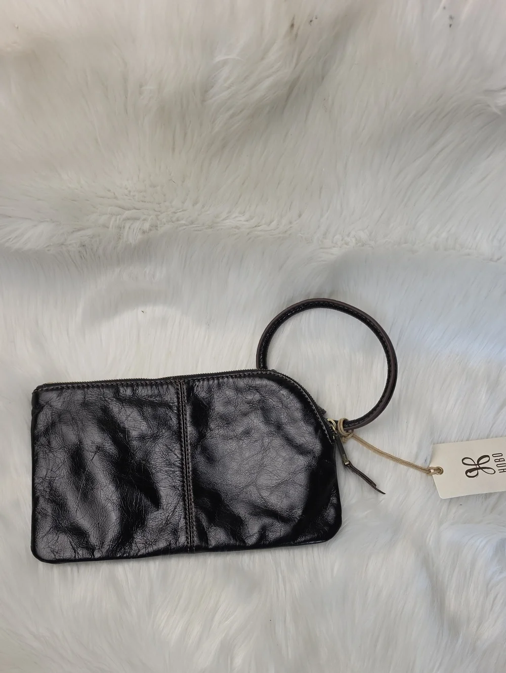 HOBO‎ Sable Brown Distressed Leather Ring Circular Strap Party Wristlet Clutch